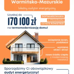 Grafika informacyjna o dofinansowaniu termomodernizacji domu w programie Czyste Powietrze na terenie województw Podlaskiego i Warmińsko-Mazurskiego.