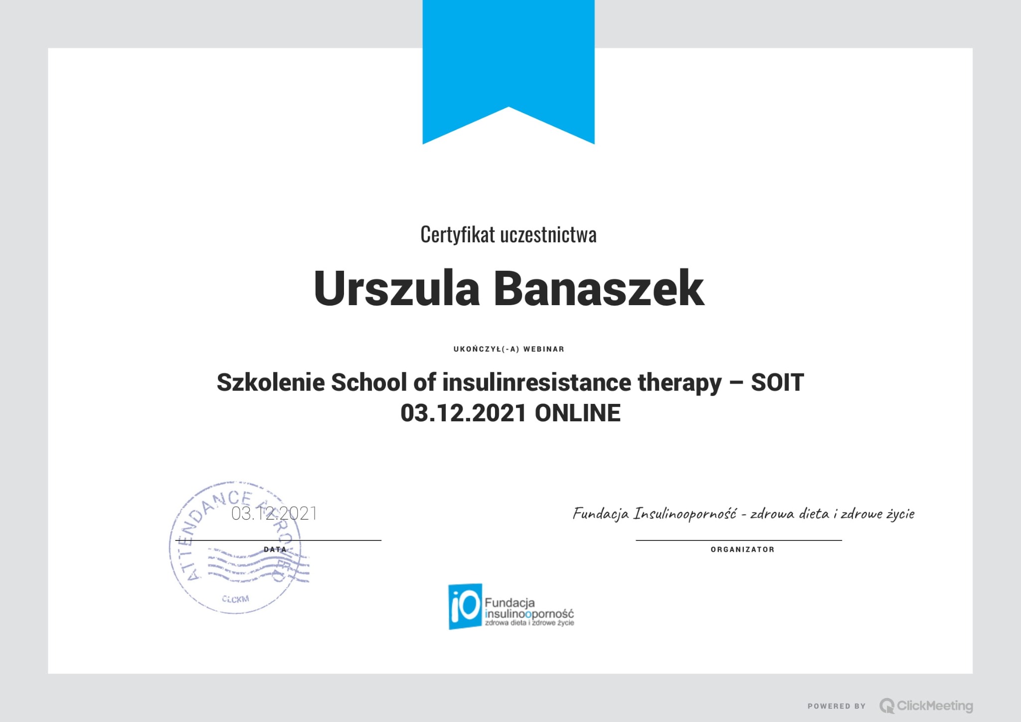 Certyfikat uczestnictwa Urszuli Banaszek w szkoleniu School of insulinresistance therapy – SOIT, organizowanym przez Fundację Insulinooporność.