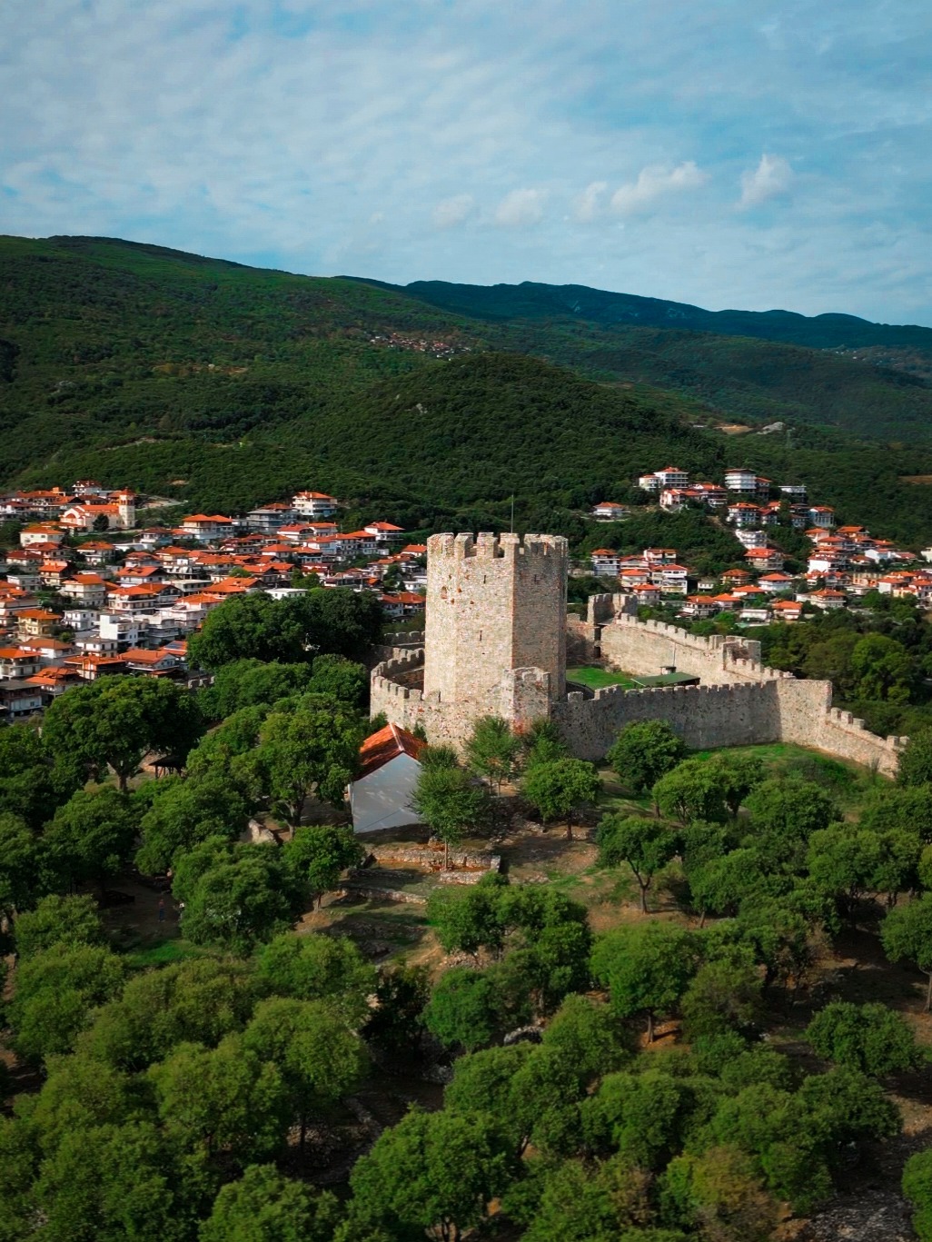 Malownicza panorama: średniowieczna kamienna forteca otoczona gęstym lasem, z widokiem na miasto z czerwonymi dachami i zielone wzgórza w tle.