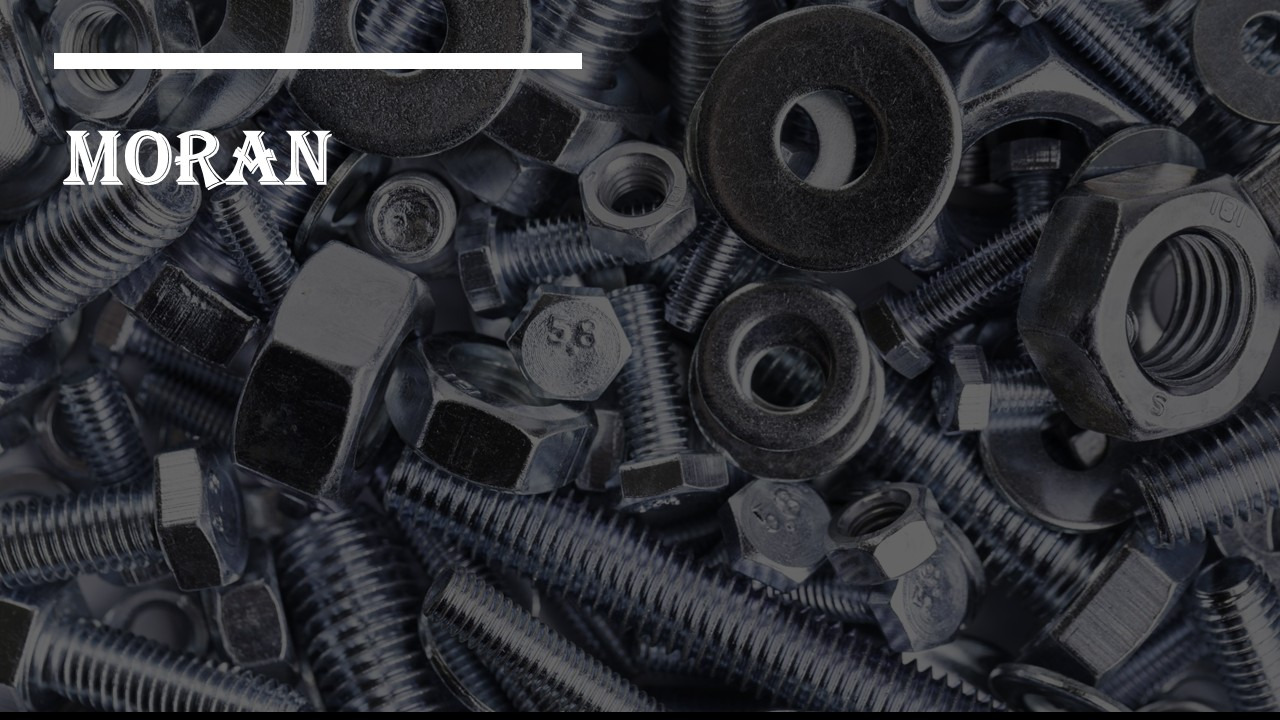 Śruby, nakrętki i podkładki w srebrnym odcieniu, ułożone gęsto obok siebie. Widoczny napis 'MORAN' na zdjęciu.