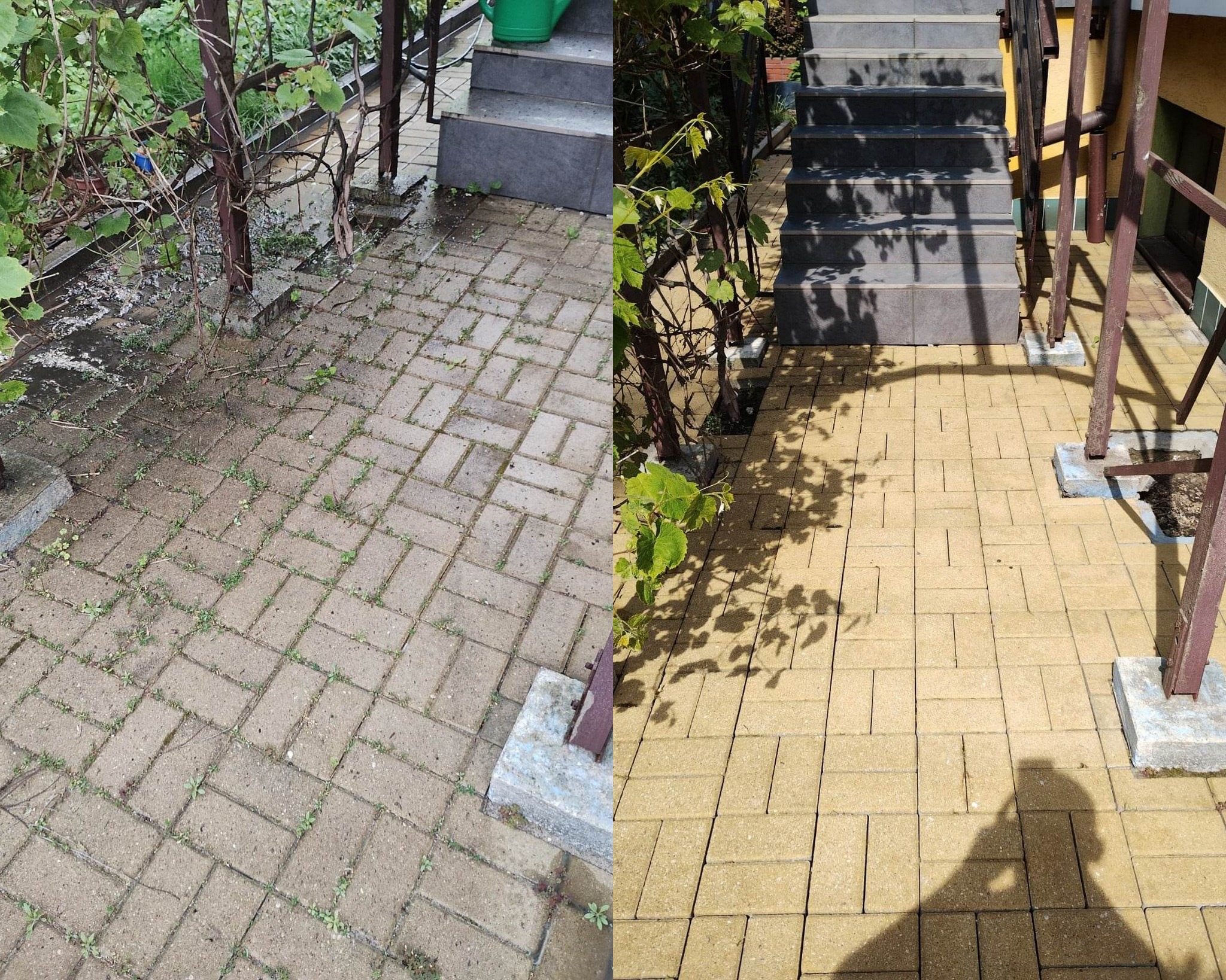 Efekt mycia kostki brukowej: porównanie stanu przed i po czyszczeniu. Lewa strona: brudna, szara kostka. Prawa strona: czysta, żółta kostka brukowa przy schodach i winorośli.