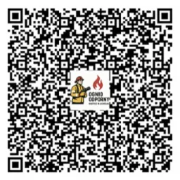 Kod QR z logotypem firmy Ognioodporni: strażak z prądownicą i płomień. Bartosz Majchrzak.