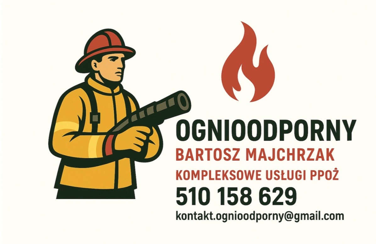 Grafika: Stylizowany strażak z prądownicą, płomień, napis 'OGNIOODPORNY Bartosz Majchrzak Kompleksowe usługi ppoż' i dane kontaktowe na jasnym tle.