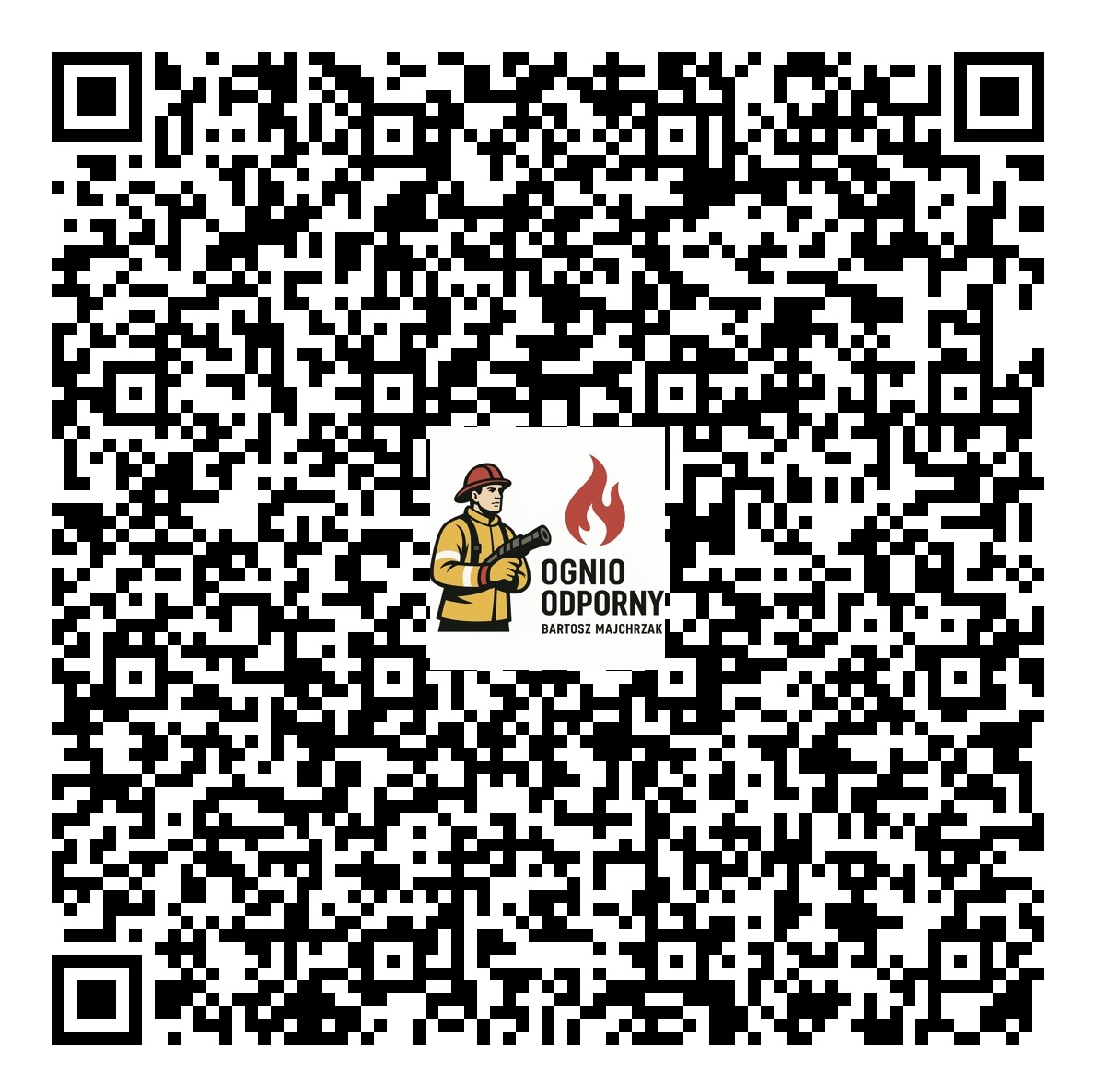 Kod QR z logotypem firmy Ognioodporni: strażak z prądownicą i płomień. Bartosz Majchrzak.