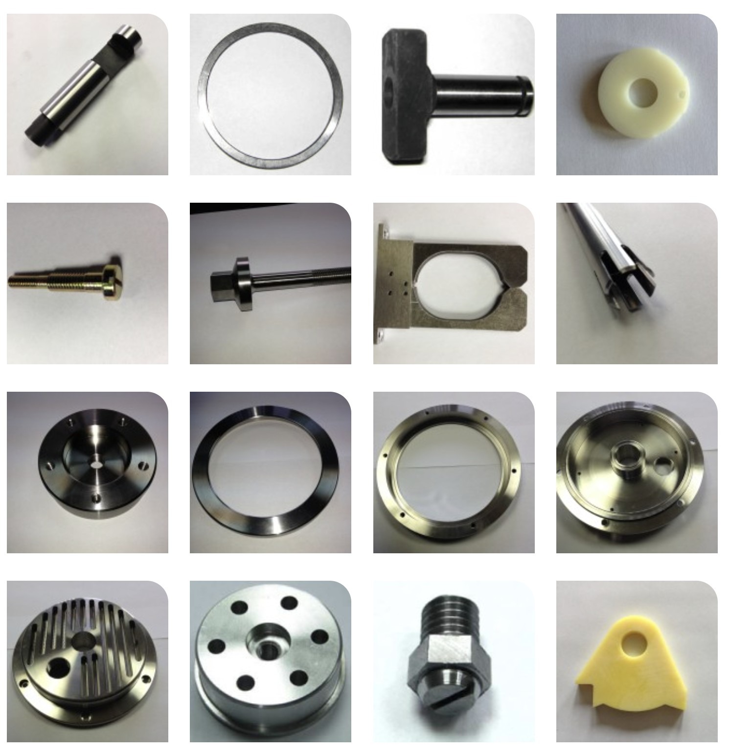Kolekcja precyzyjnie wykonanych detali CNC z różnych materiałów: metal, tworzywo. Widoczne śruby, pierścienie, dysze i inne elementy o wysokiej dokładności obróbki.