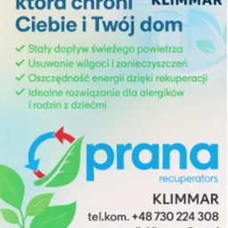 Plakat reklamowy wentylacji marki Prana, z hasłem 'Wentylacja, która chroni Ciebie i Twój dom', urządzeniem i aplikacją do sterowania. Kontakt do firmy Klimmar.