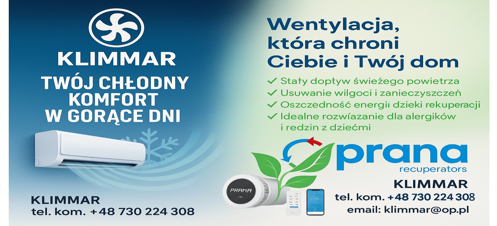 Reklama wentylacji i klimatyzacji: biały klimatyzator, rekuperator Prana, telefon, hasła o komforcie i świeżym powietrzu, logo firmy Klimmar.