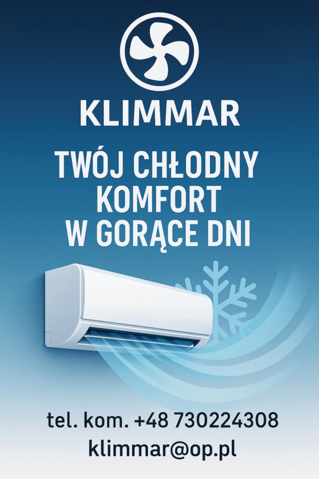 Grafika reklamowa z klimatyzatorem ściennym, logo firmy Klimmar, hasłem 'Twój chłodny komfort w gorące dni', numerem telefonu i adresem e-mail na błękitnym tle.