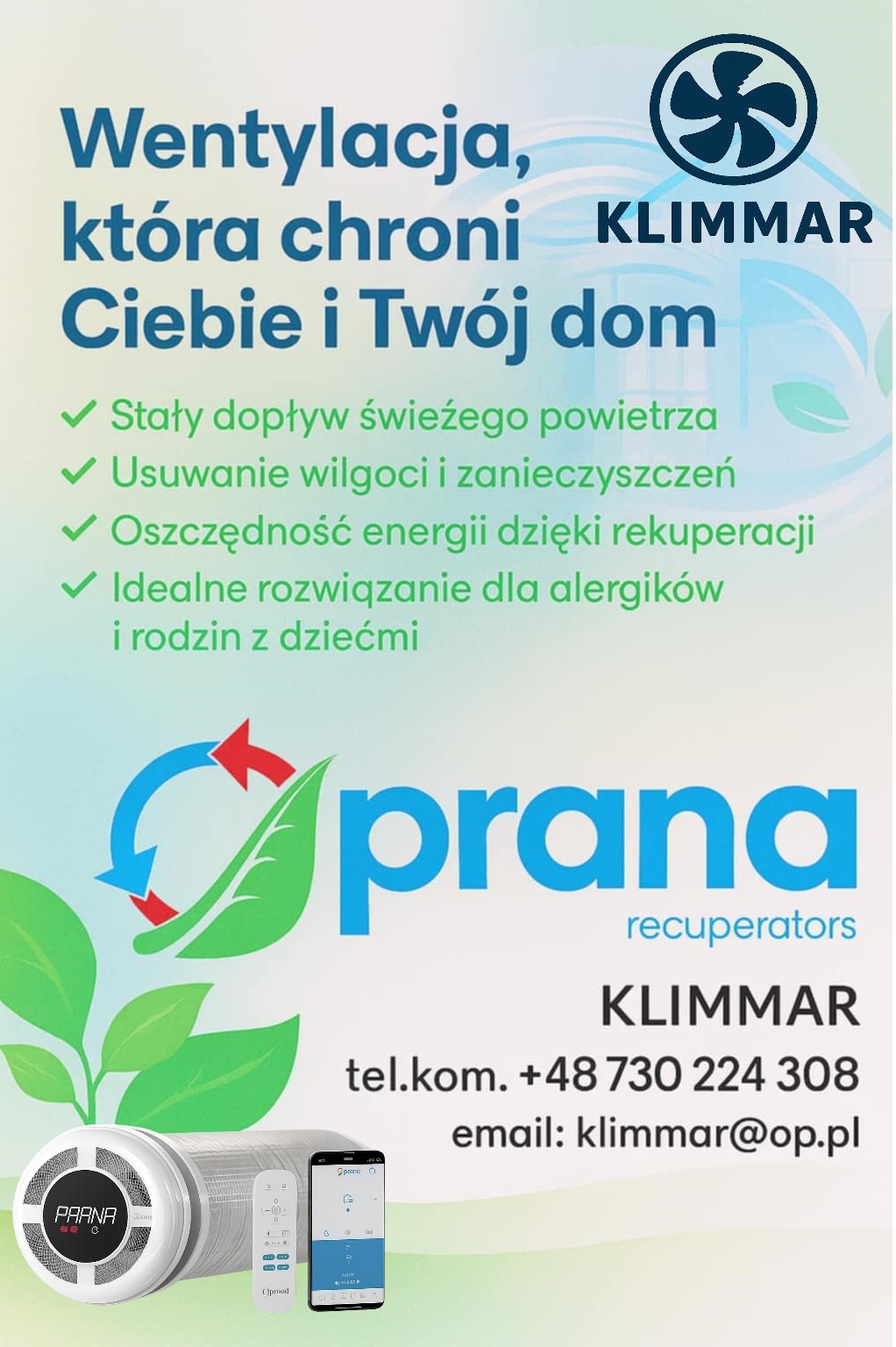 Plakat reklamowy wentylacji marki Prana, z hasłem 'Wentylacja, która chroni Ciebie i Twój dom', urządzeniem i aplikacją do sterowania. Kontakt do firmy Klimmar.