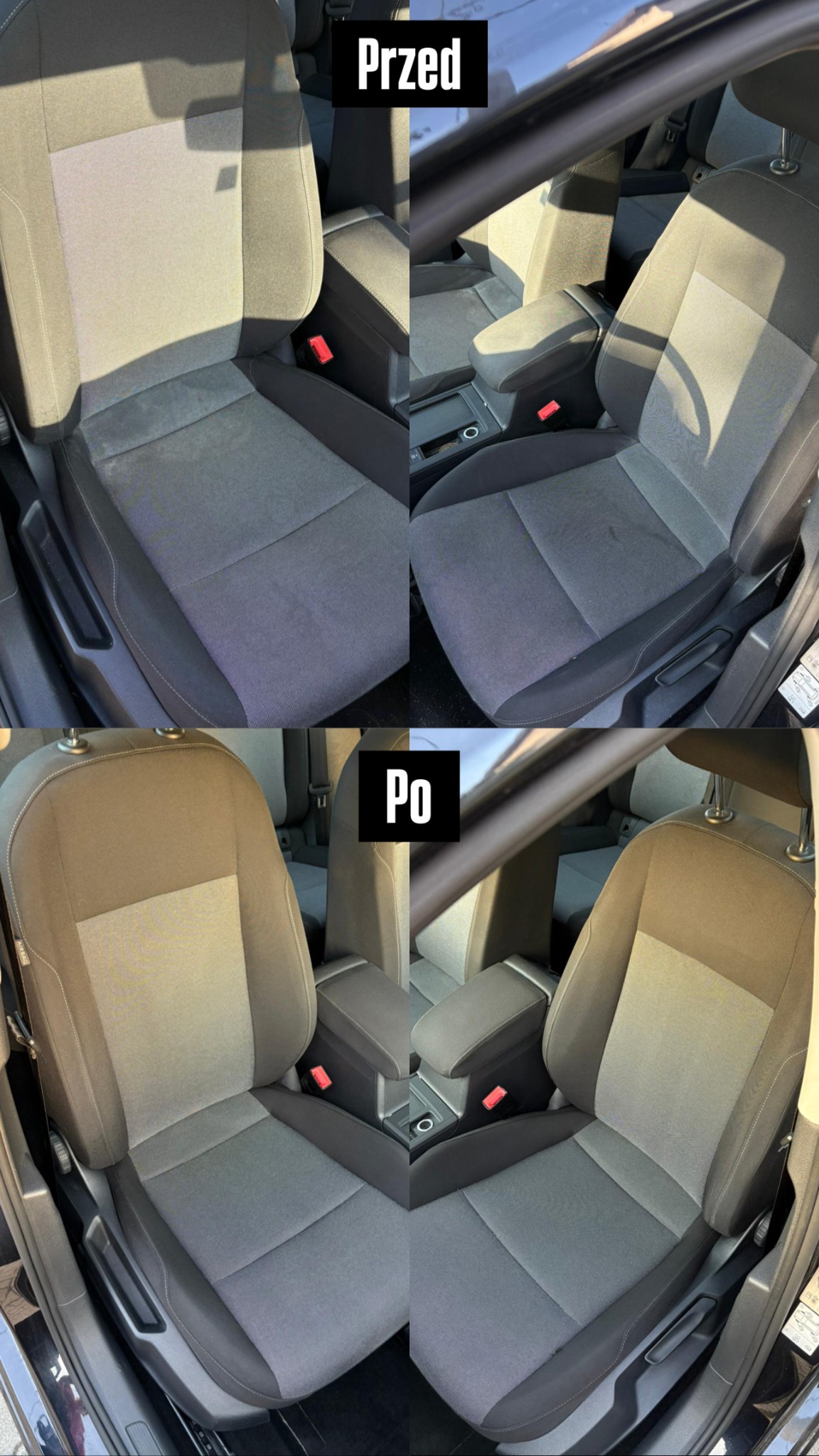 Tapicerka samochodowa przed i po czyszczeniu: wyraźna różnica w kolorze i czystości na fotelu kierowcy. Widoczne detale wnętrza auta.