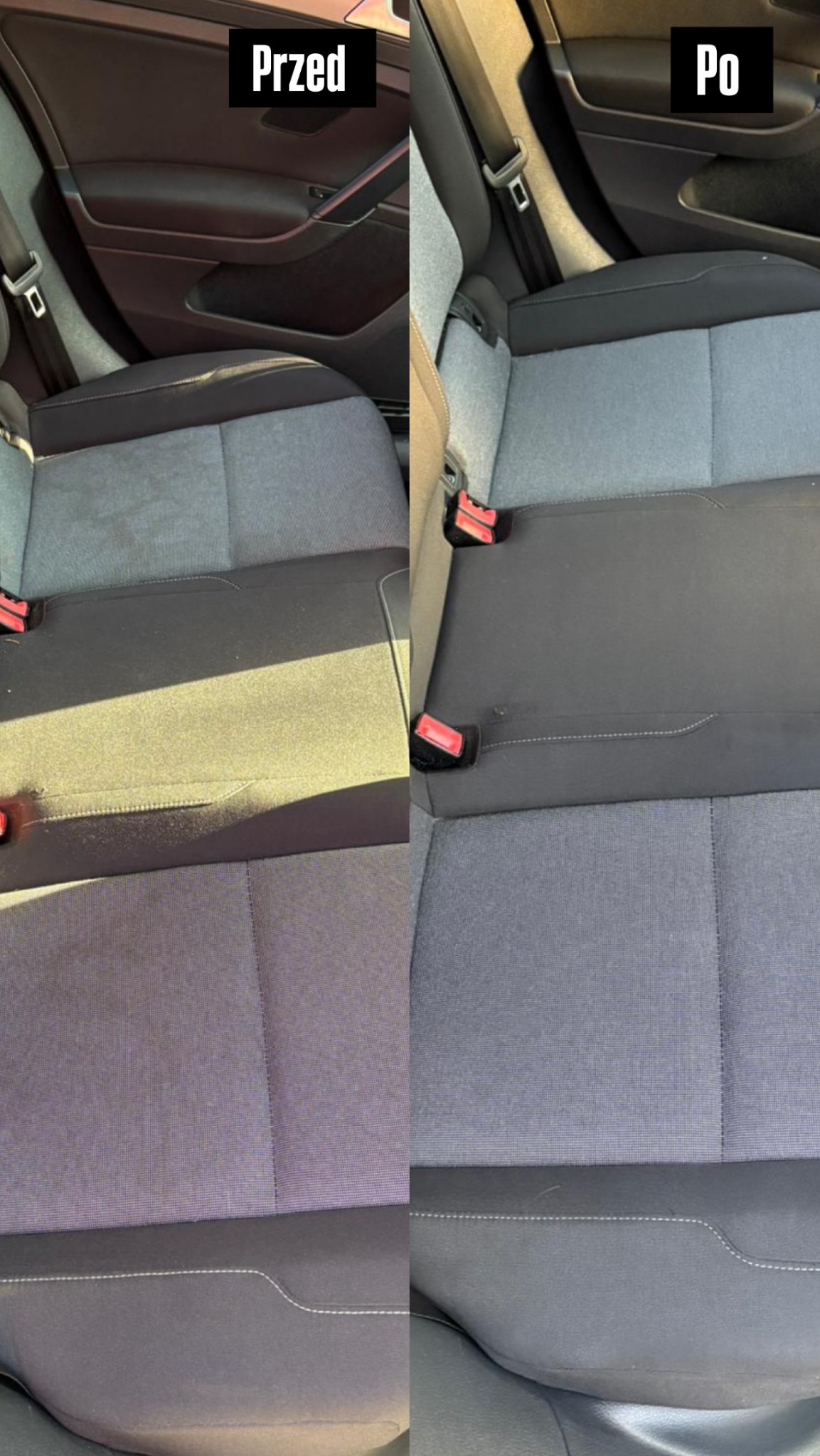 Tapicerka samochodowa tylnej kanapy: widok przed i po czyszczeniu, wyraźna różnica w czystości i odcieniu szarości materiału.