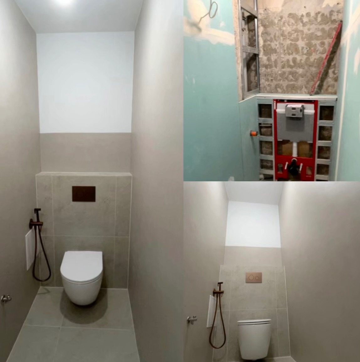 Kompaktowa toaleta w szarościach z brązowymi akcentami, widok z dwóch perspektyw: po remoncie i w trakcie montażu stelaża podtynkowego. Minimalistyczny design.