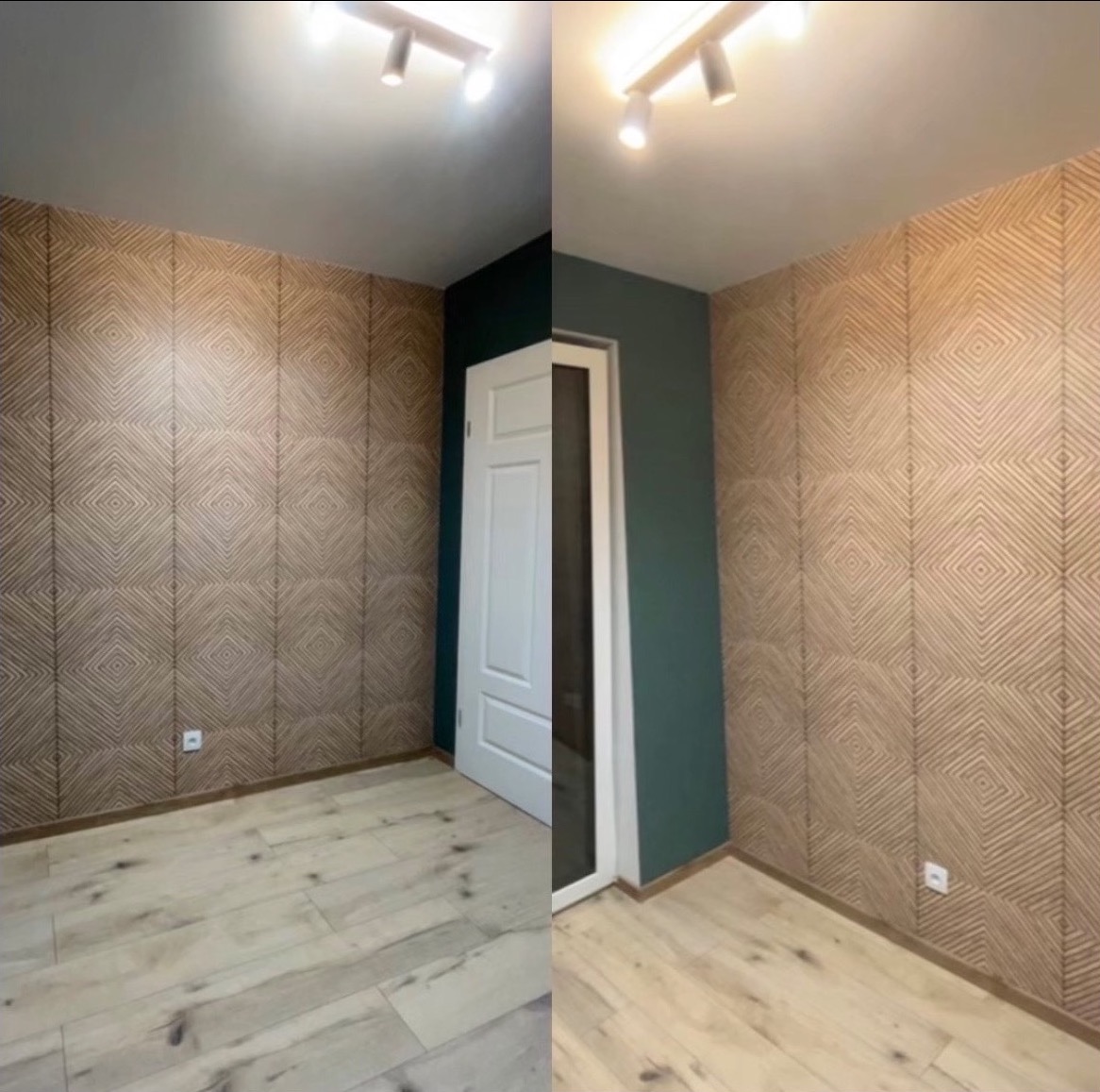 Pokój po remoncie: ściana z wzorzystą tapetą, pomalowana ściana w kolorze butelkowej zieleni, jasna podłoga, oświetlenie sufitowe. Widok przed i po.