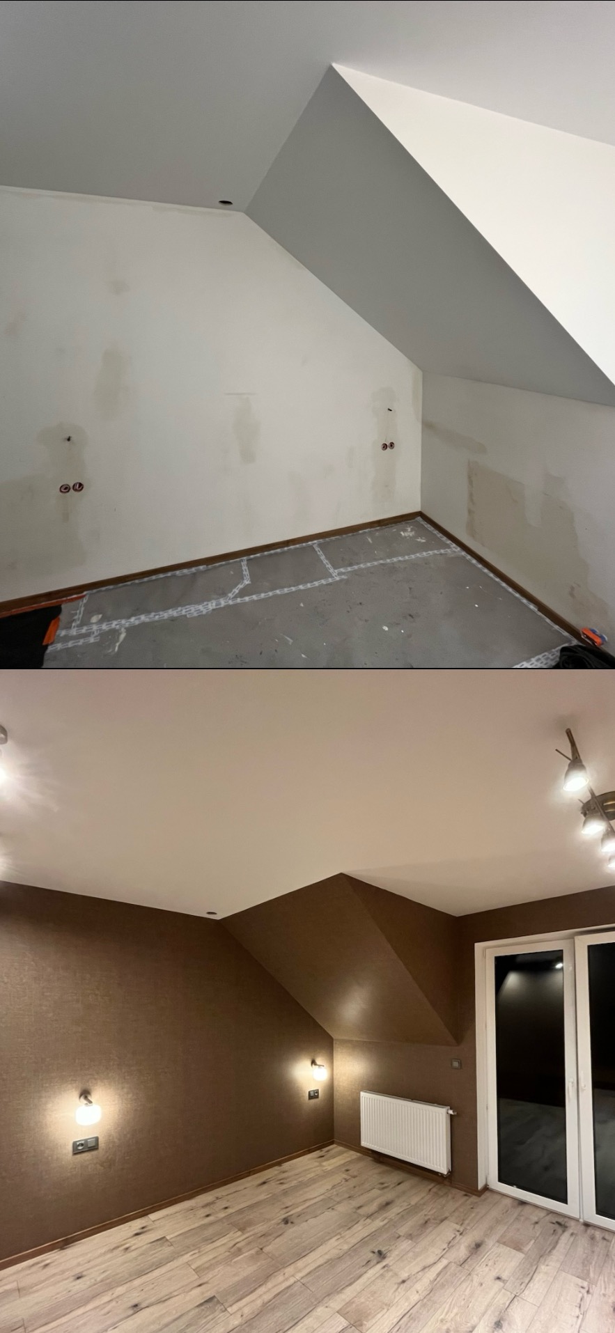 Zdjęcie 'przed i po' prezentujące remont poddasza: od surowych ścian i podłogi do wykończonego wnętrza z brązowymi ścianami, drewnianą podłogą i oświetleniem.