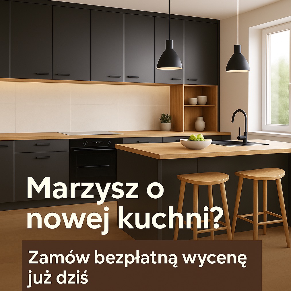 Nowoczesna kuchnia z czarnymi szafkami i drewnianym blatem. Dwa drewniane hokery stoją przed wyspą kuchenną. Nad blatem wiszą dwie czarne lampy.