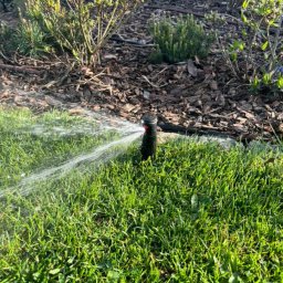 Gaja Gardens Joanna Lalka - Działający zraszacz nawadnia soczystą, zieloną trawę. W tle widoczne krzewy i kora drzewna, tworzące naturalne otoczenie. Oświetlenie słoneczne podkreśla detale.