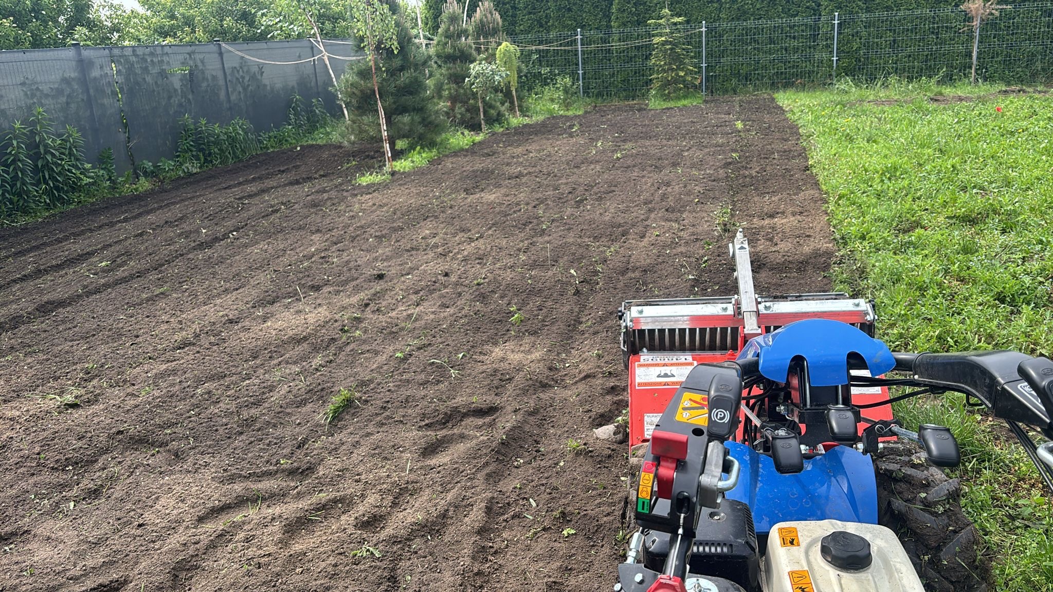 Glebogryzarka spalinowa w trakcie pracy na działce, przygotowuje ziemię pod uprawę. Widoczne świeżo przekopane pasy ziemi i trawa. W tle drzewa i ogrodzenie.
