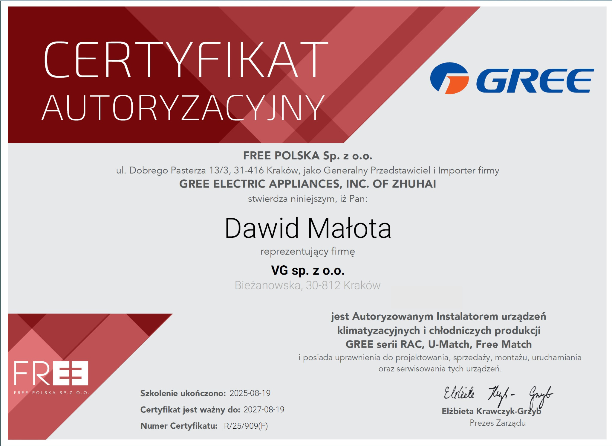 Autoryzowany instalator Gree – montujemy urządzenia zgodnie ze standardami producenta i z zachowaniem gwarancji.