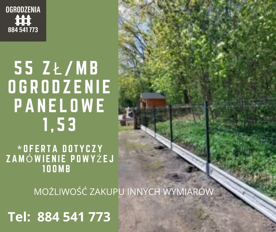 Ogrodzenie panelowe z podmurówką betonową, widoczne na tle zieleni. Na pierwszym planie ułożone panele, a w tle niewielki drewniany budynek. Oferta cenowa w lewym górnym rogu.