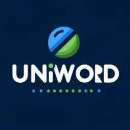 Nowoczesne logo 'UNIword' na granatowym tle. Grafika łączy niebiesko-zieloną ikonę i nazwę z dekoracyjnymi kropkami. Minimalistyczny design, świeże kolory.