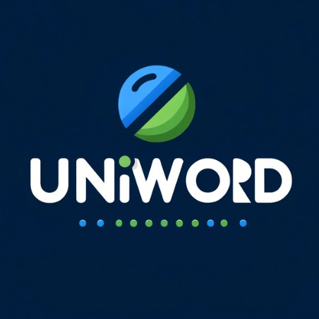 Nowoczesne logo 'UNIword' na granatowym tle. Grafika łączy niebiesko-zieloną ikonę i nazwę z dekoracyjnymi kropkami. Minimalistyczny design, świeże kolory.