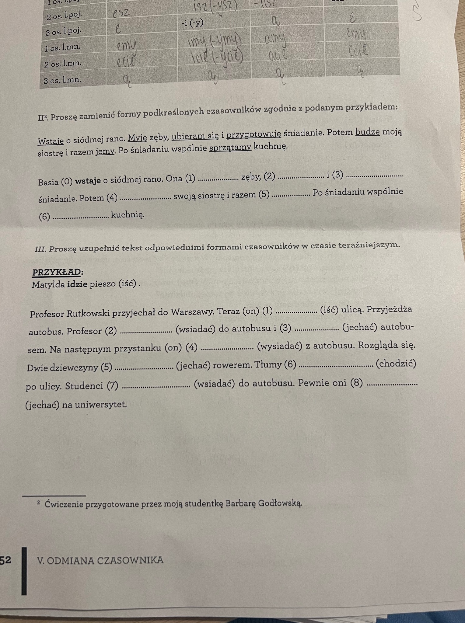 Karta pracy z ćwiczeniami z gramatyki języka rosyjskiego, skupiająca się na odmianie czasowników. Tekst w języku polskim z przykładami i zadaniami do uzupełnienia.