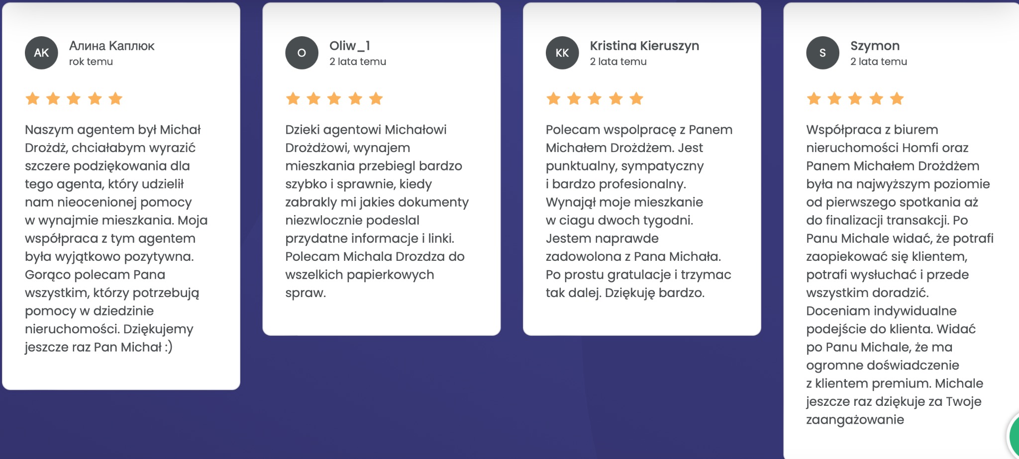 Opinie klientów o agencie nieruchomości: Alina Kapliuk, Oliw_1, Kristina Kieruszyn, Szymon. Pozytywne recenzje na temat wynajmu i współpracy z agentem.