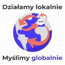Grafika z hasłem 'Działamy lokalnie, myślimy globalnie'. Logo Venith na tle uproszczonej mapy świata z pomarańczowymi strzałkami. Pszenno.