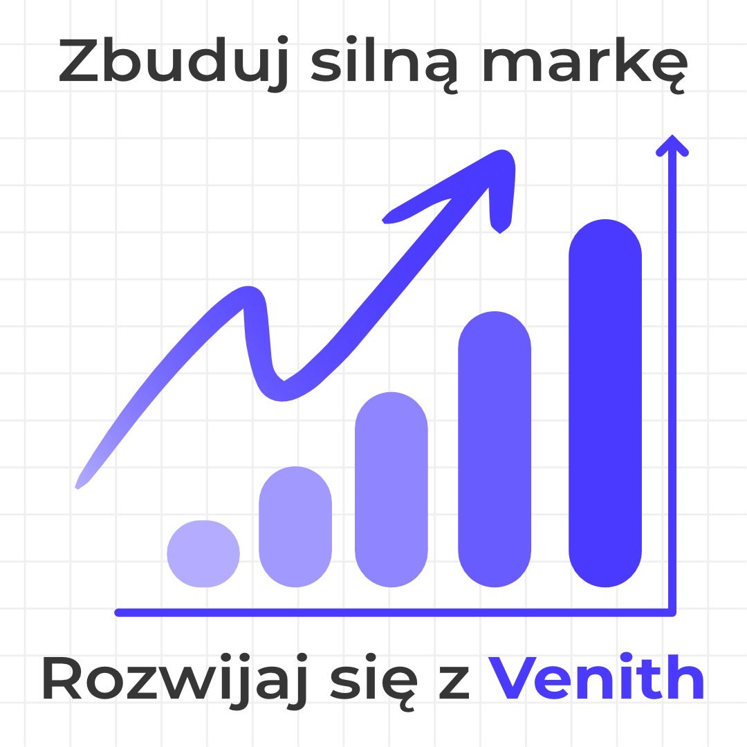 Grafika słupkowa z rosnącą strzałką, hasło 'Zbuduj silną markę' i 'Rozwijaj się z Venith' w odcieniach fioletu na siatkowym tle, ilustrująca wzrost biznesu.