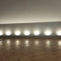 Parkiet w jodełkę, oświetlona ściana z wnęką i punktowymi lampami. Widoczne narzędzia malarskie w rogu, sugerujące świeżo zakończone prace wykończeniowe.