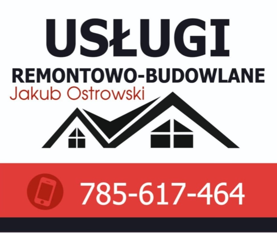 Grafika z napisem 'Usługi Remontowo-Budowlane Jakub Ostrowski', ikona domu i numer telefonu na czerwonym tle. Minimalistyczny, informacyjny design.