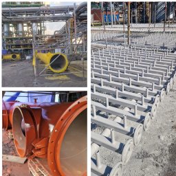 TOPREM SPÓŁKA Z OGRANICZONĄ ODPOWIEDZIALNOŚCIĄ - Przemysłowe rury po renowacji: żółte, pomarańczowe i szare. Widoczne detale połączeń kołnierzowych i instalacja przemysłowa w tle. Różne etapy obróbki.