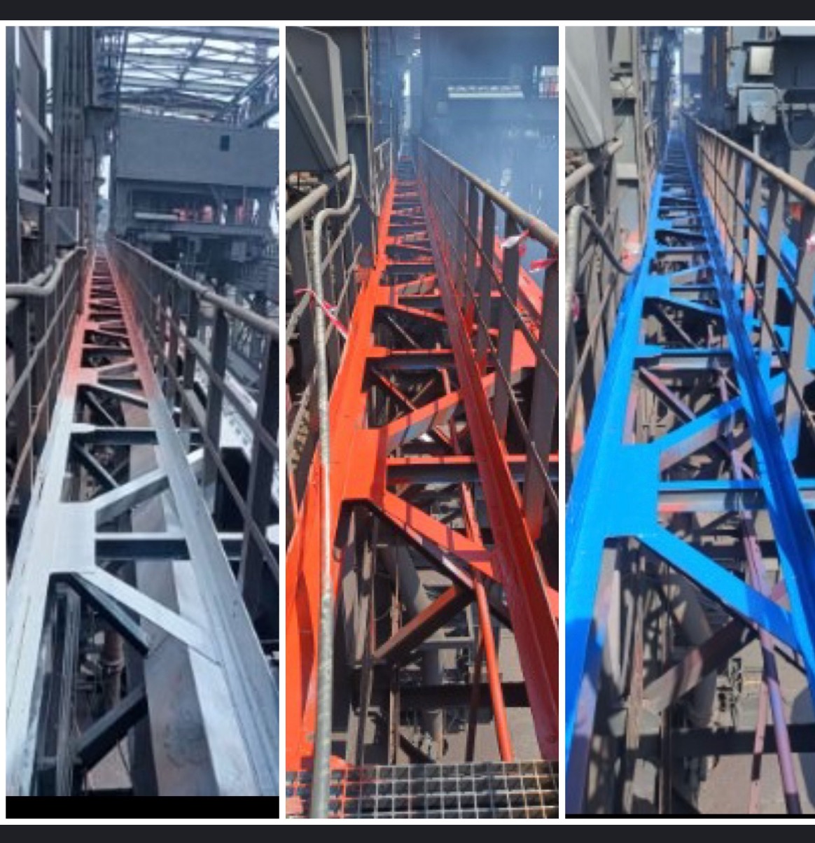 Trzy etapy renowacji metalowej konstrukcji schodów: stan surowy, po nałożeniu podkładu i po malowaniu na niebiesko. Widok z dołu, perspektywa zbieżna.