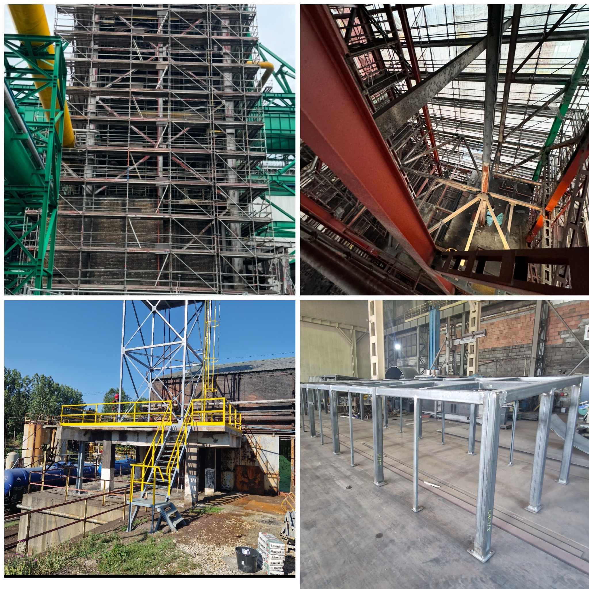 Kolaż: rusztowania na elewacji, konstrukcja stalowa z góry, platforma z żółtymi schodami, konstrukcja stalowa na hali. Przemysłowe otoczenie, różnorodne konstrukcje.