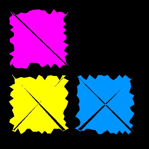 Abstrakcyjna grafika z trzema kwadratami w kolorach: różowym, żółtym i niebieskim, każdy z ukośną linią. Czarny kontrastujący background.