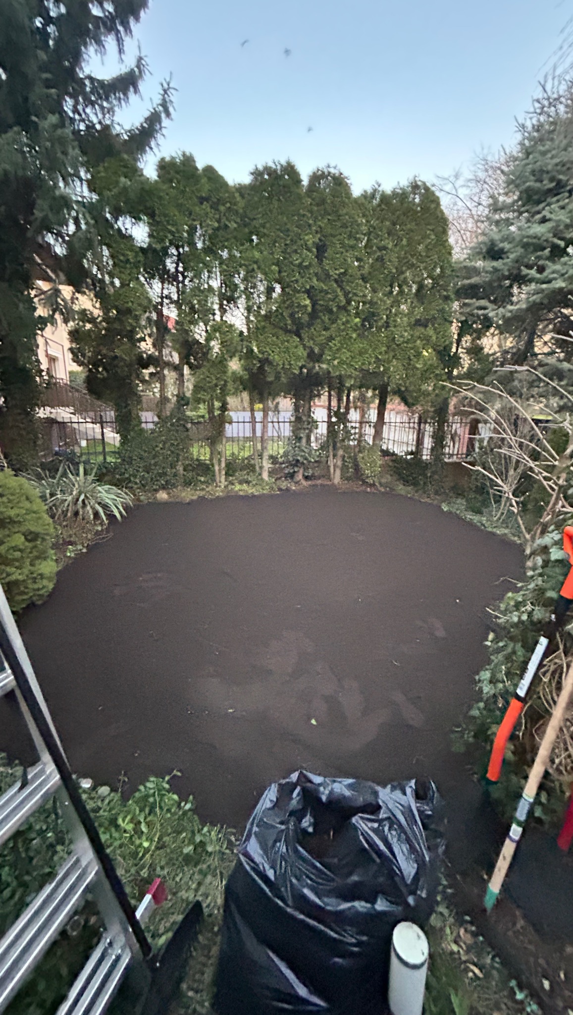 Przygotowany teren pod trawnik, widoczna czarna ziemia, narzędzia ogrodnicze i worki na odpady. W tle drzewa i krzewy. Prace ziemne w ogrodzie.