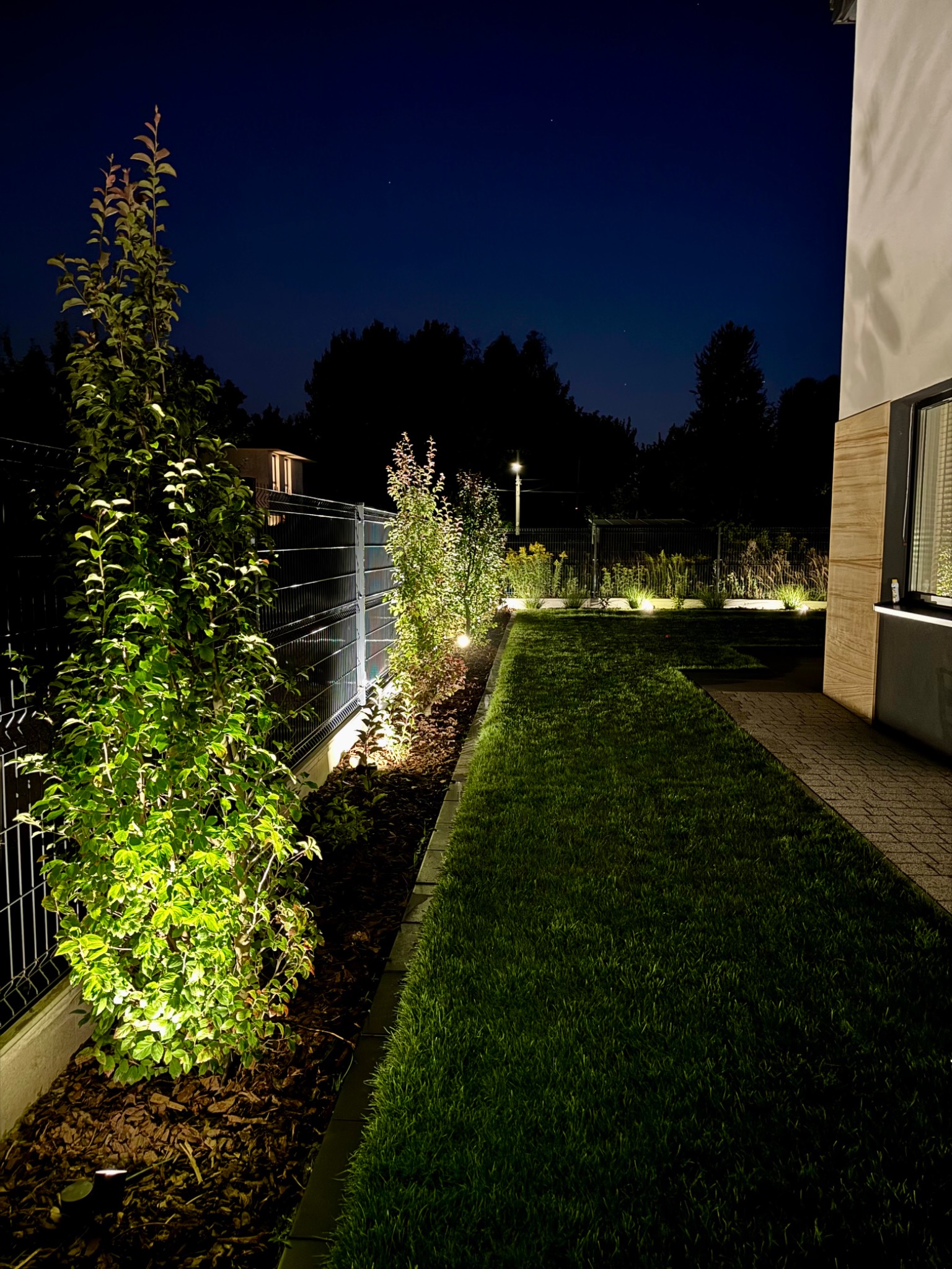 Podświetlony ogród nocą: świeża trawa, drzewa i krzewy wzdłuż ogrodzenia. Subtelne oświetlenie punktowe podkreśla detale ogrodu i tworzy przyjemną atmosferę.