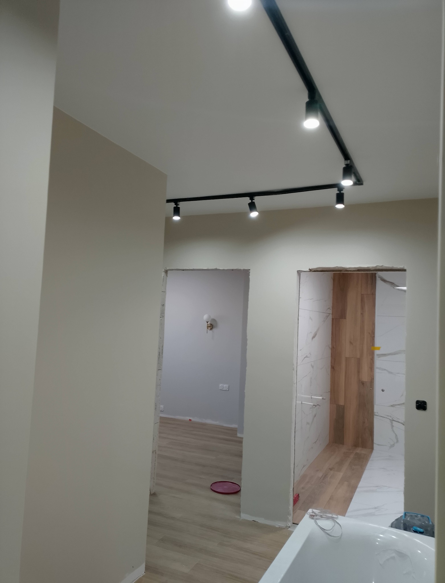 Wnętrze w trakcie wykańczania: widoczne podłogi, ściany w jasnych odcieniach i nowoczesne oświetlenie sufitowe. W tle wykończona łazienka z płytkami imitującymi drewno.