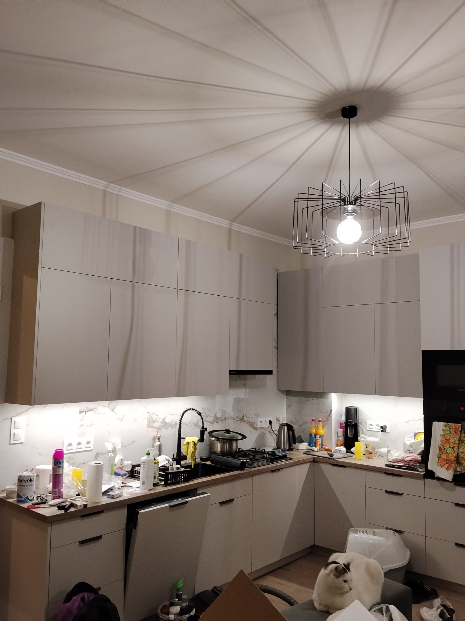 Jasna kuchnia z szarymi szafkami, marmurowym blatem i nowoczesną lampą. Na blacie widoczne akcesoria kuchenne i środki czystości. W tle kot.