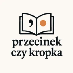 Grafika: Otwarta książka z przecinkiem i kropką, napis 'przecinek czy kropka'. Minimalistyczny design, czarne linie na kremowym tle. Symbol usług redakcyjnych.
