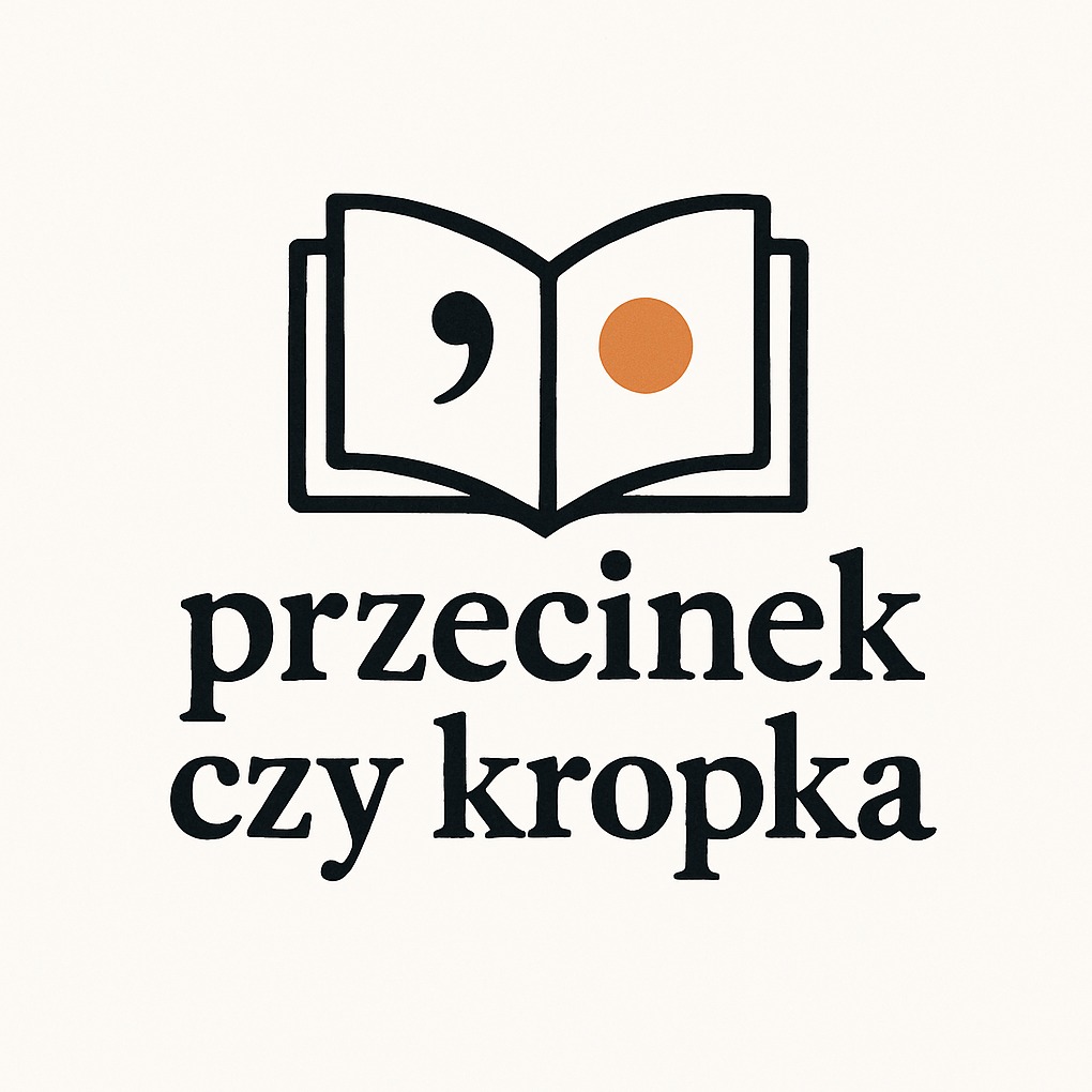 Grafika: Otwarta książka z przecinkiem i kropką, napis 'przecinek czy kropka'. Minimalistyczny design, czarne linie na kremowym tle. Symbol usług redakcyjnych.