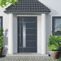 Nowoczesne, grafitowe drzwi wejściowe z długim, pionowym uchwytem, wkomponowane w elewację z dwoma oknami, ozdobione kolumnami i roślinami w donicach.