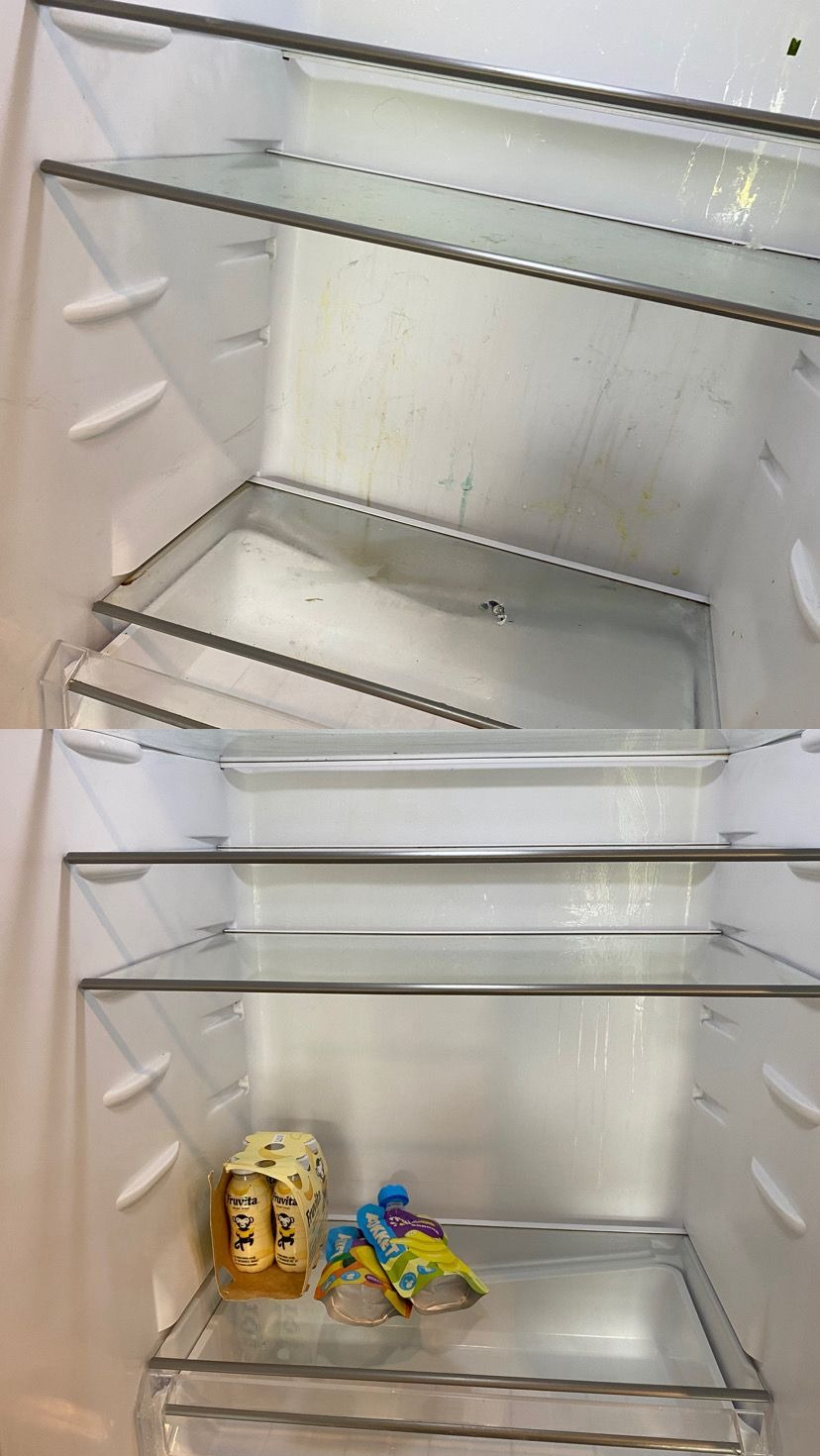 Lodówka przed i po czyszczeniu: górna część brudna, dolna czysta z resztkami jedzenia. Widoczne szklane półki i białe wnętrze urządzenia.