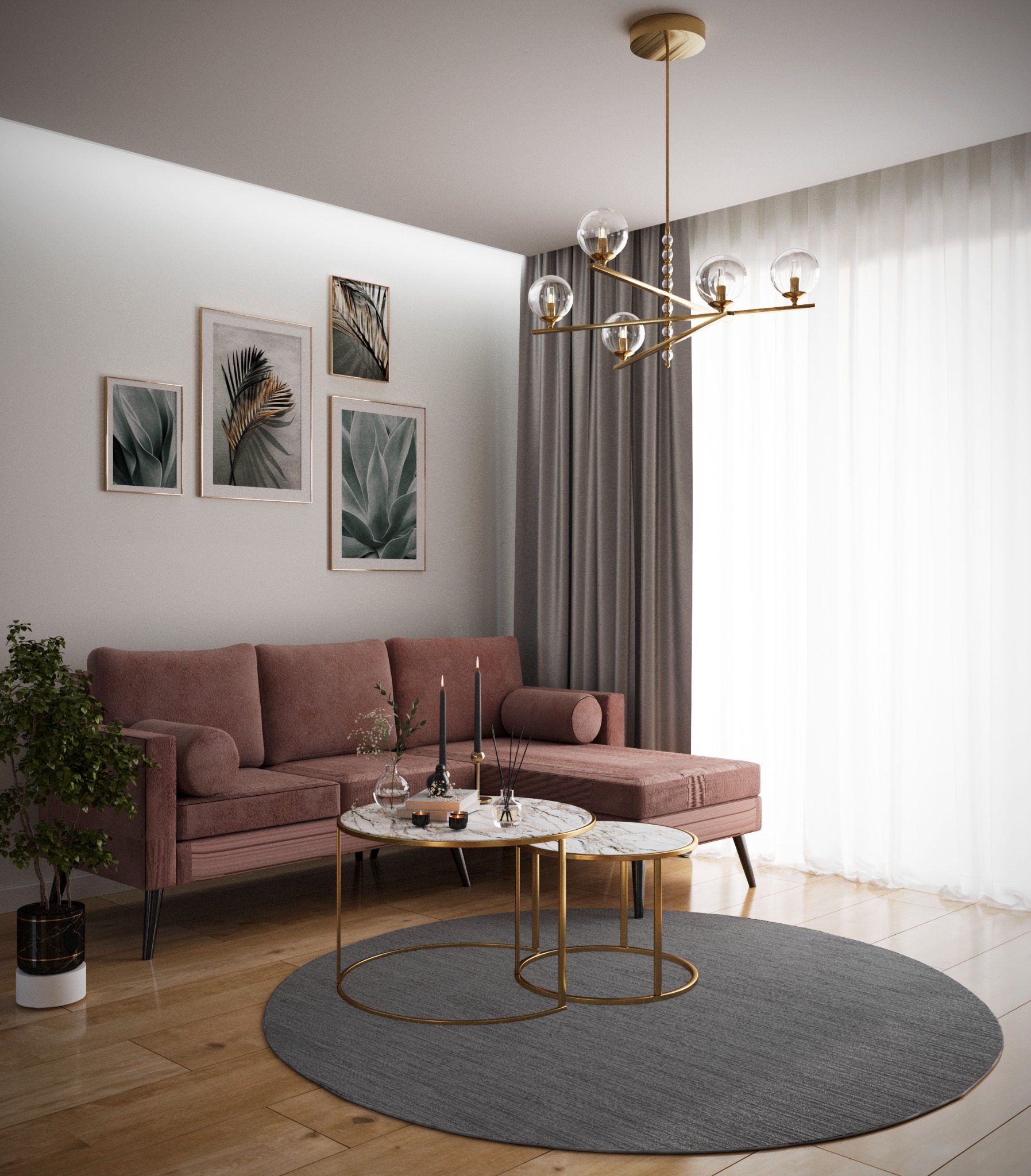 Stylowy salon z narożną sofą w odcieniach różu, marmurowymi stolikami kawowymi ze złotymi nogami i okrągłym szarym dywanem. Na ścianie grafiki z motywami roślinnymi.