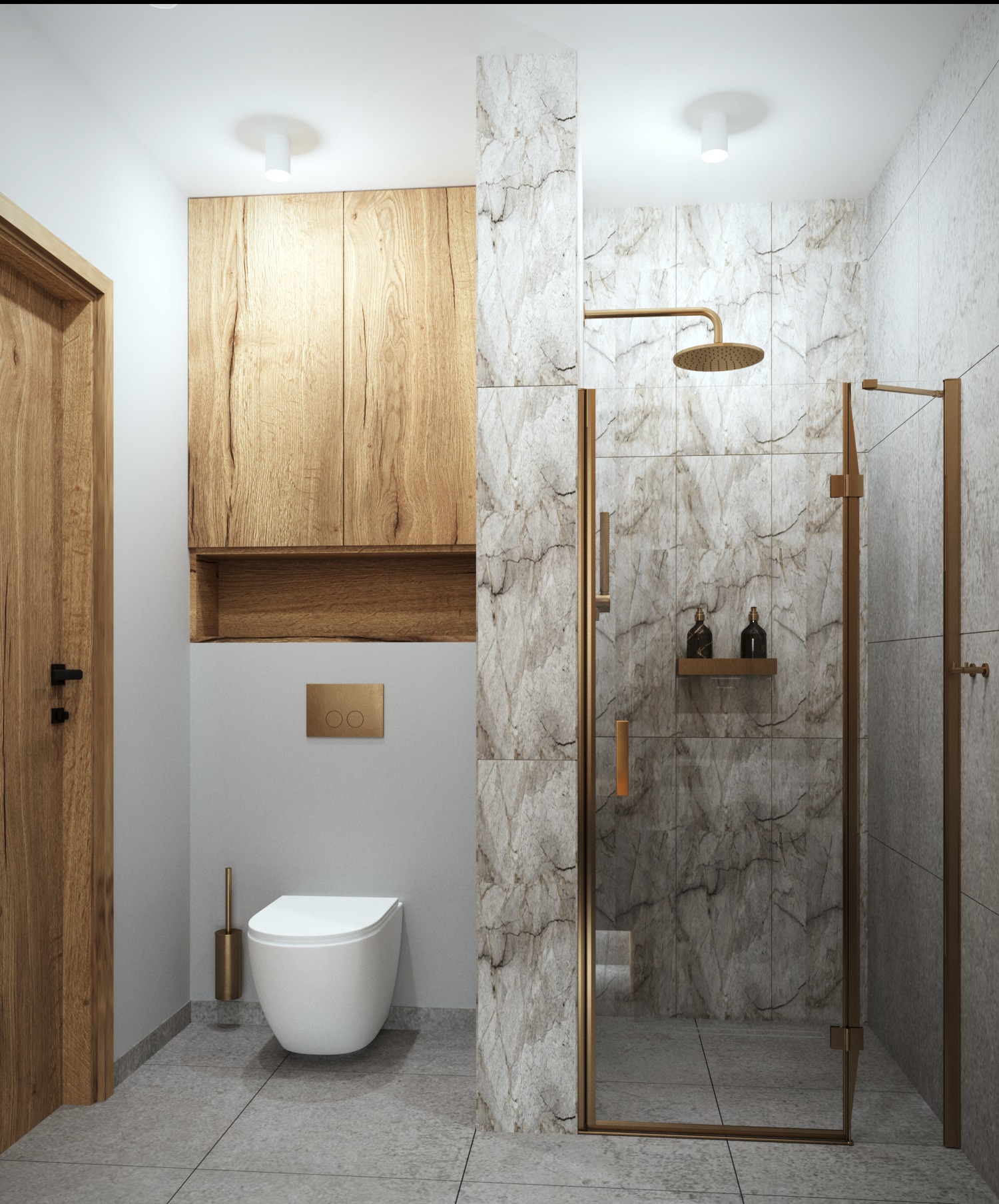 Nowoczesna łazienka z kabiną prysznicową w odcieniach szarości i złota. Drewniane szafki nad toaletą, marmurowe płytki, złota armatura, minimalistyczny design.