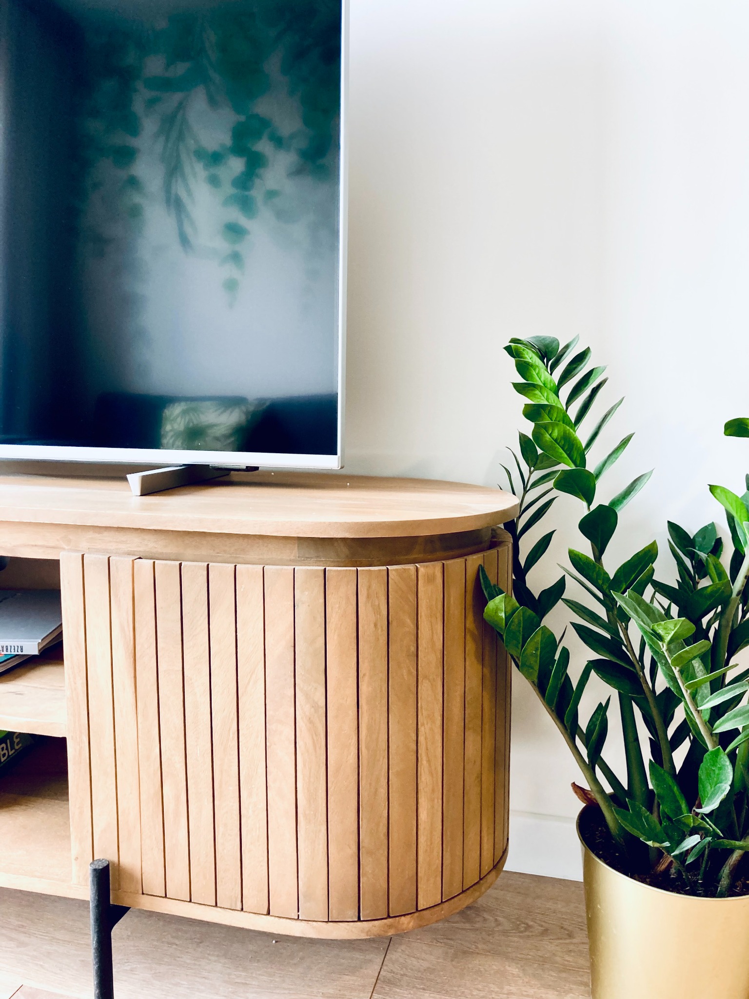 Drewniana szafka RTV z lamelami i zaokrąglonymi bokami, na której stoi telewizor. Obok doniczka z zieloną rośliną. Minimalistyczne wnętrze.