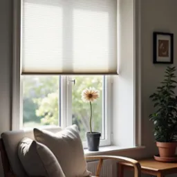 Jasna plisa okienna z delikatną teksturą, częściowo zasłonięta. Na parapecie kwiat w doniczce. W tle widok na zieleń. Wnętrze doświetlone naturalnym światłem.