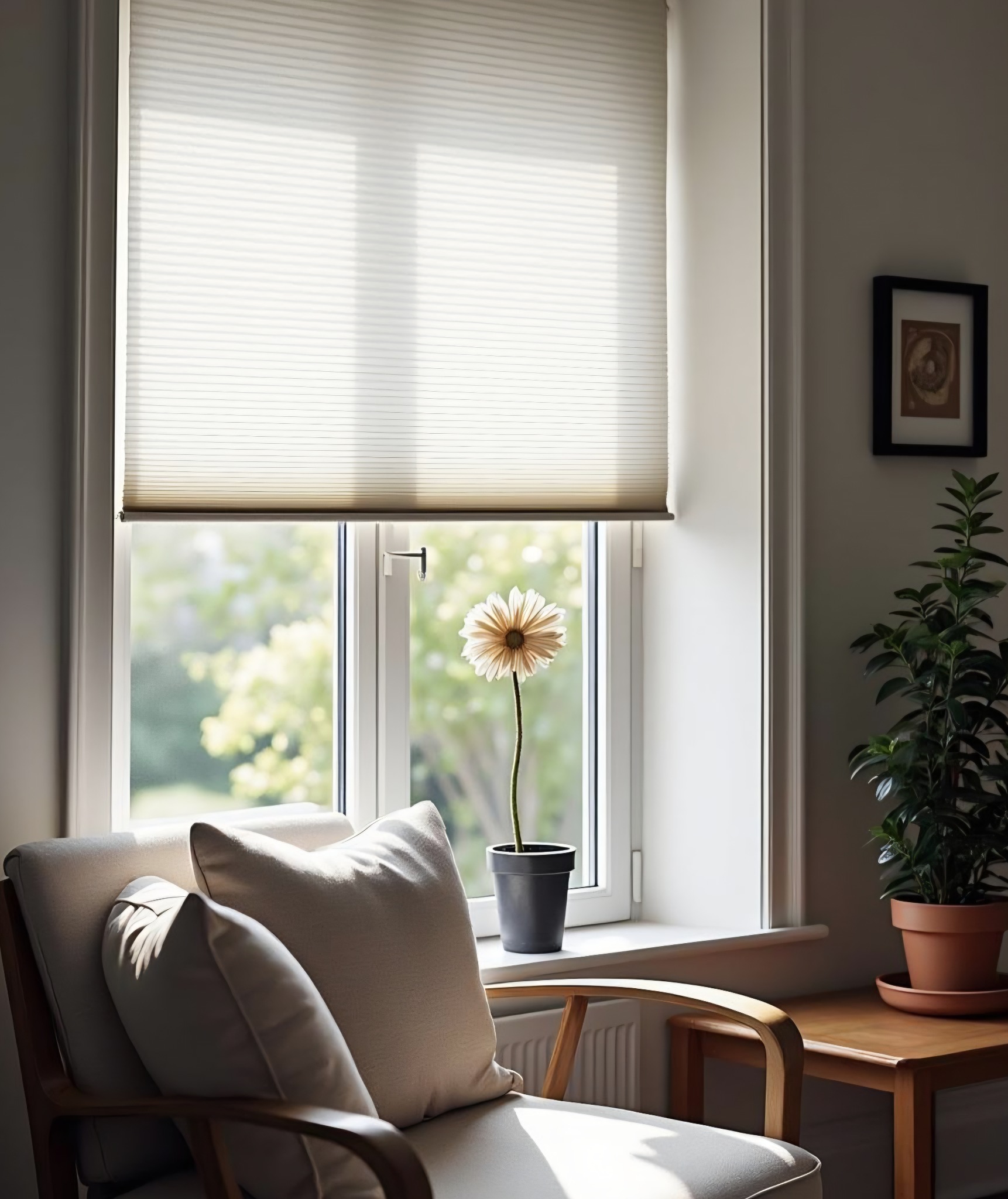 Jasna plisa okienna z delikatną teksturą, częściowo zasłonięta. Na parapecie kwiat w doniczce. W tle widok na zieleń. Wnętrze doświetlone naturalnym światłem.
