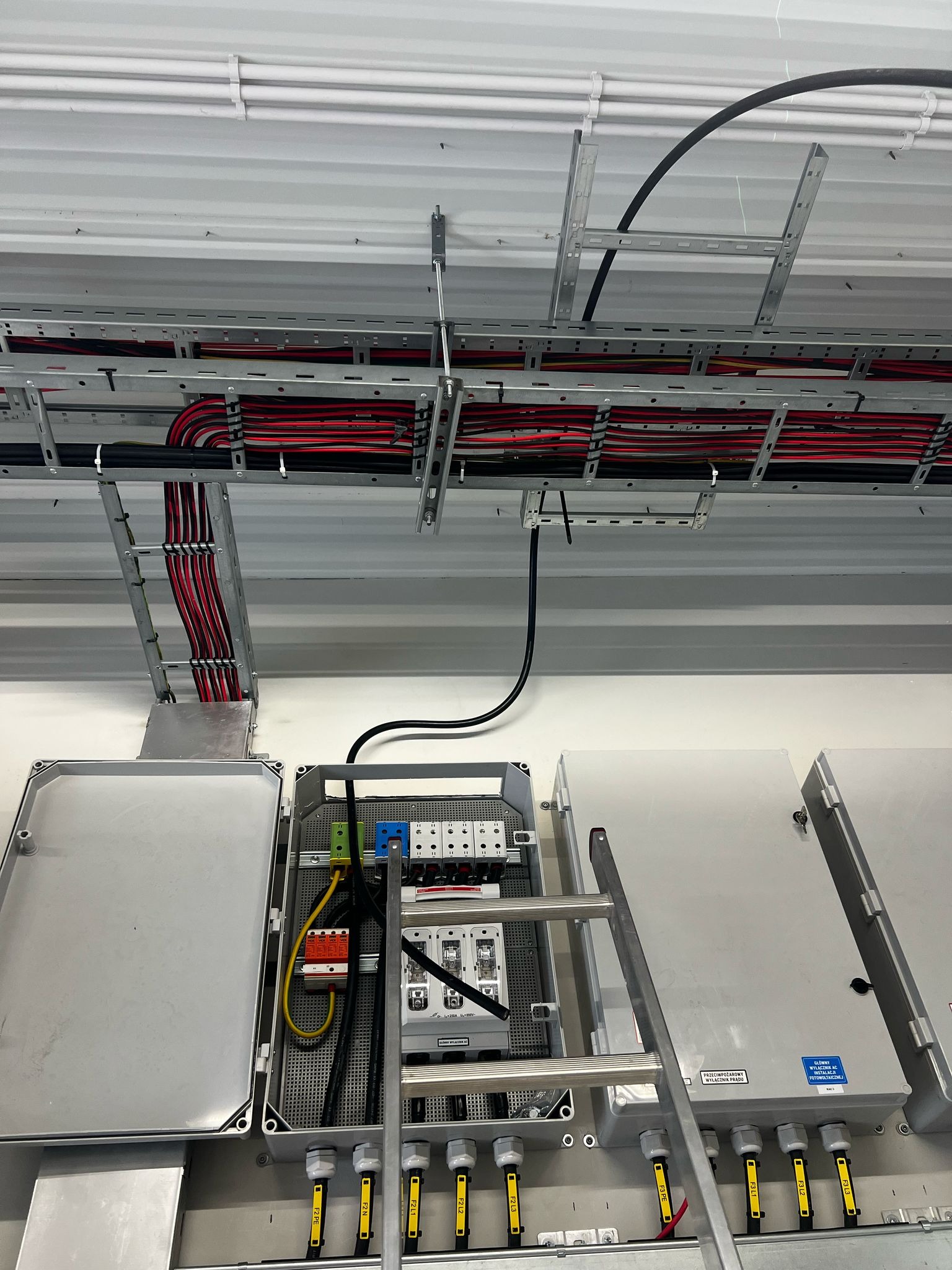 Szafy elektryczne z okablowaniem, drabina oparta o ścianę. Widoczne kable w korytach pod sufitem i zabezpieczenia. Instalacja w szarej tonacji.