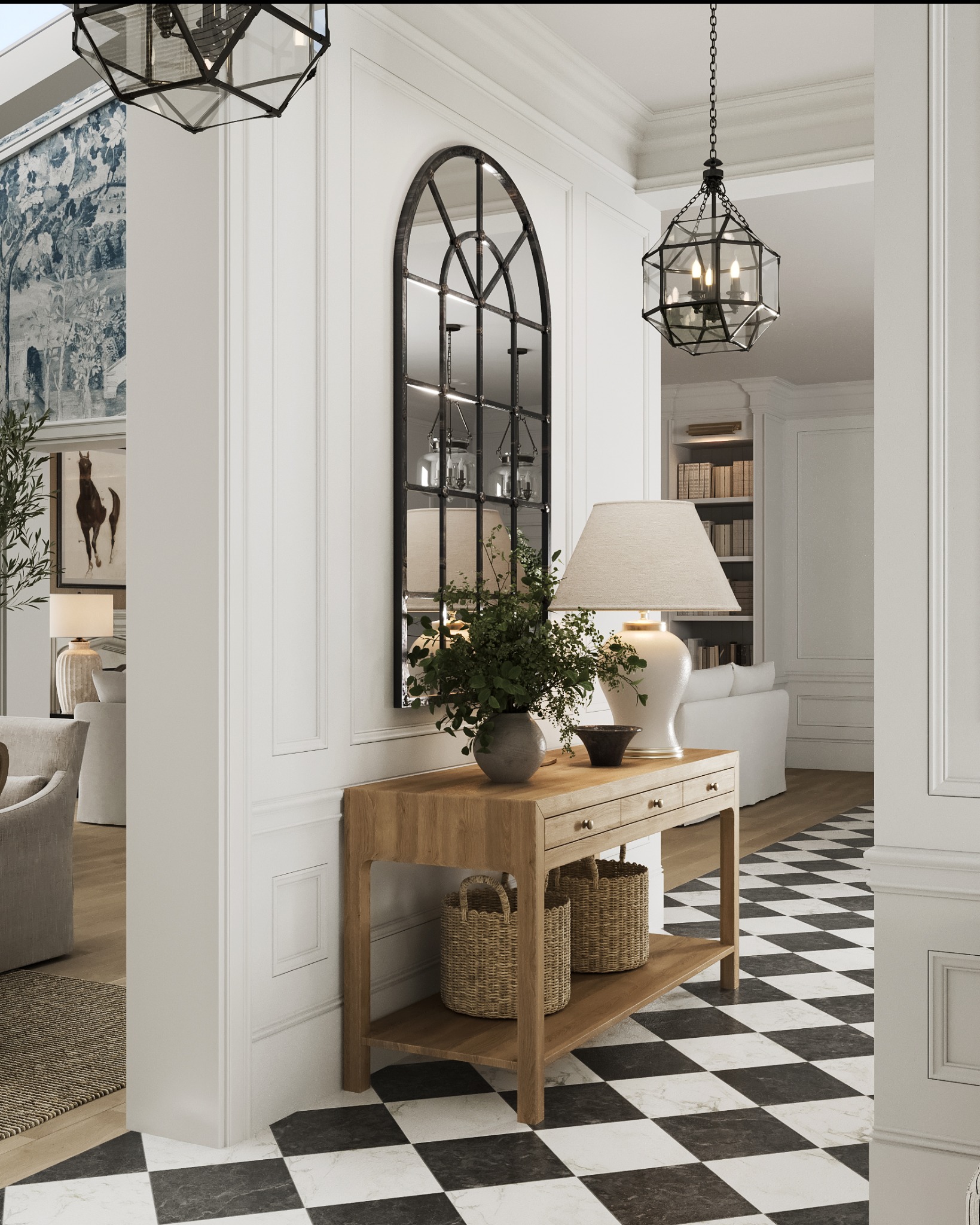 Stylowe wnętrze z konsolą z drewna, lustrem w kształcie łuku i lampą. Czarno-biała podłoga w szachownicę. W tle widoczny fragment salonu.